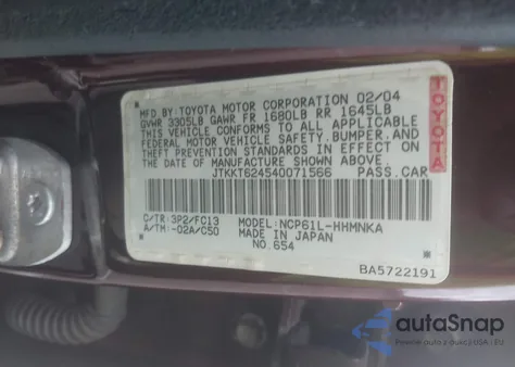 2004 Scion Xa z USA, uszkodzony, nr VIN JTKKT624540071566